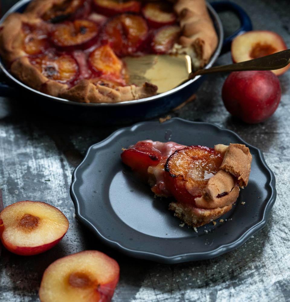 A plum galette, sliced
