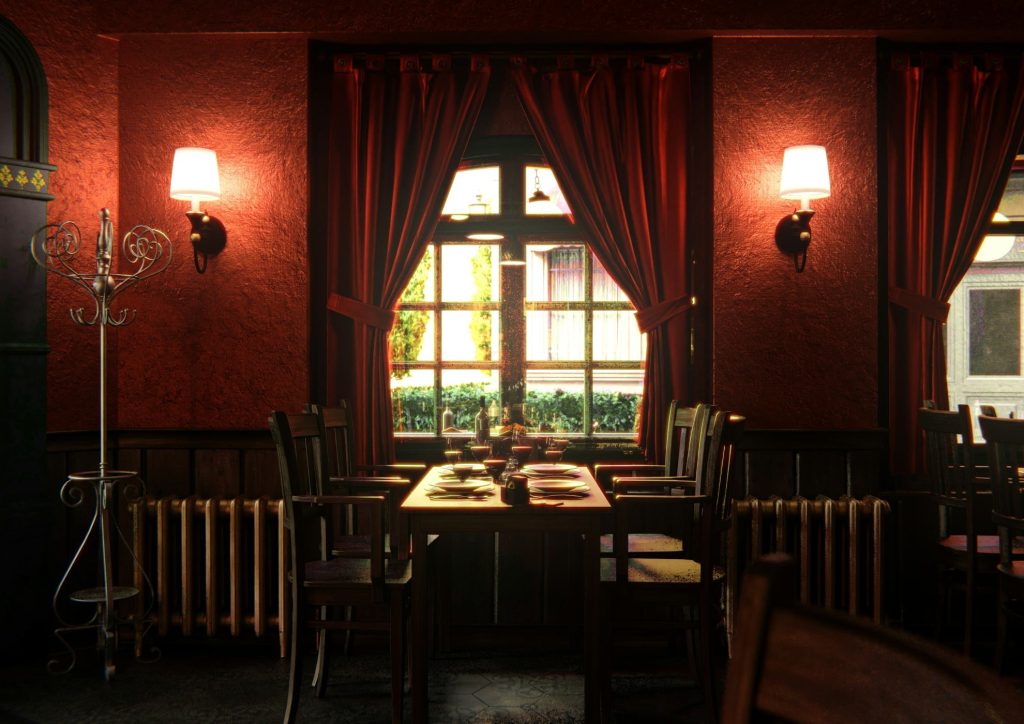 A dining room with red walls